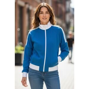 Calme Retro Blue Striped‎ Full-Zip Jacket Pockets CLEAN Size Small